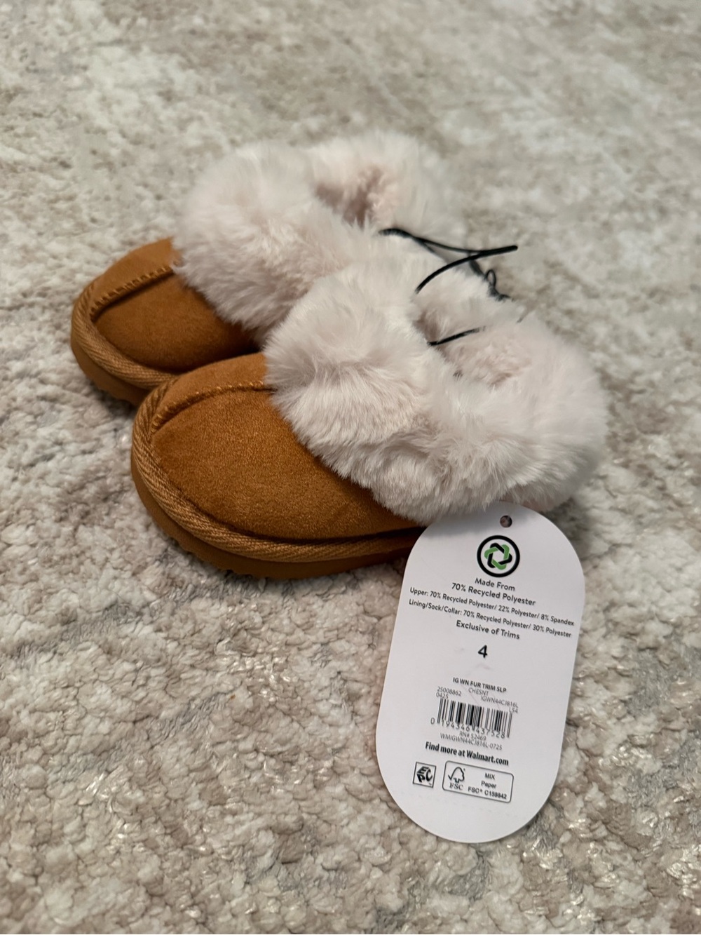 Kids Faux-Fur Lined Slip-On Slippers - Chestnut/Tan with Cream Fur size 4C